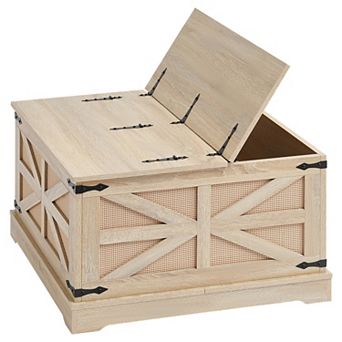 Rattan Woven Wood Coffee Table, 32 in Modern Rectangle Storage Coffee Table for Living Room Bedroom