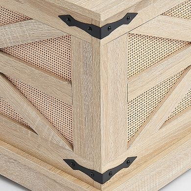 Rattan Woven Wood Coffee Table, 32-In Modern Rectangle Storage Coffee Table for Living Room Bedroom