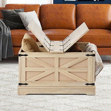 Rattan Woven Wood Coffee Table, 32-In Modern Rectangle Storage Coffee Table for Living Room Bedroom