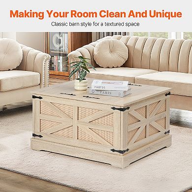 Rattan Woven Wood Coffee Table, 32-In Modern Rectangle Storage Coffee Table for Living Room Bedroom