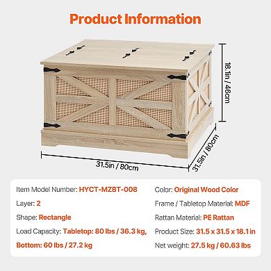 Rattan Woven Wood Coffee Table, 32-In Modern Rectangle Storage Coffee Table for Living Room Bedroom