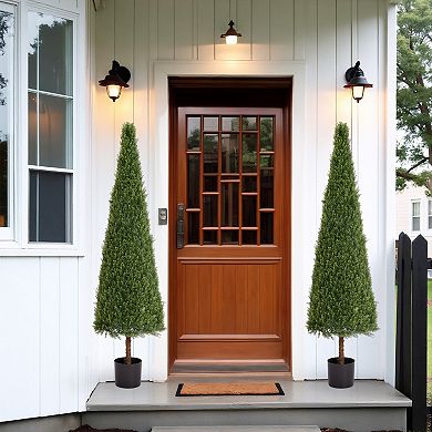 YQNUCO 6FT Artificial Conical Topiary Tree Faux Cedar Bushes and Evergreen Shrub, Fake Potted Plant