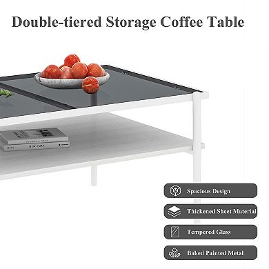 YQNUCO Coffee Table with Tempered Glass Top & Black Legs, Modern Table for Living Room