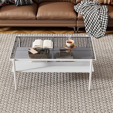 YQNUCO Coffee Table with Tempered Glass Top & Black Legs, Modern Table for Living Room