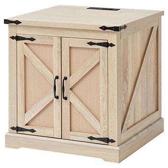 24-Inch End Table, Rectangle PE Rattan Woven Wood Storage Coffee Table for Living Room Bedroom