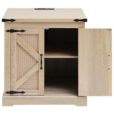 24-Inch End Table, Rectangle PE Rattan Woven Wood Storage Coffee Table for Living Room Bedroom