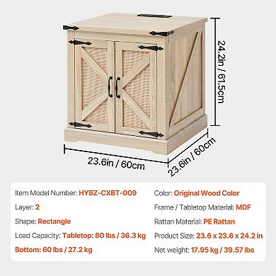 24-Inch End Table, Rectangle PE Rattan Woven Wood Storage Coffee Table for Living Room Bedroom