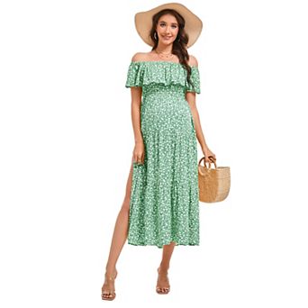 Women's Off-Shoulder Tiered Maternity Maxi Dress High Waist Flowy Printed Long Pregnancy Gown