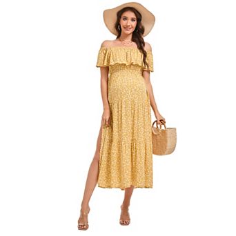 Women's Off-Shoulder Tiered Maternity Maxi Dress High Waist Flowy Printed Long Pregnancy Gown