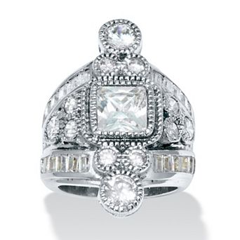 PalmBeach Jewelry 7.32 TCW Princess Cut Cubic Zirconia Silvertone Vintage-Inspired Cocktail Ring