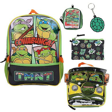TMNT 5-Piece Backpack Set with Padded Straps & Multiple Compartments
