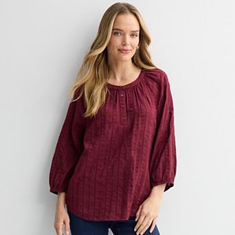 Petite Croft & Barrow® Button Split Neck Blouse