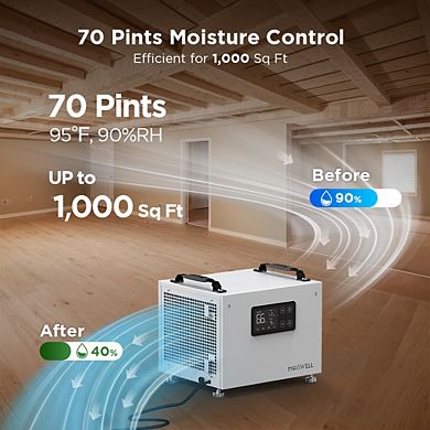 70 Pints Energy Star Commercial Dehumidifier for Crawlspace Basement with Drain Hose
