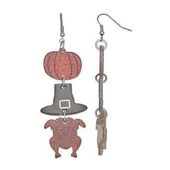 Silver Tone Pumpkin Hat Turkey Earrings