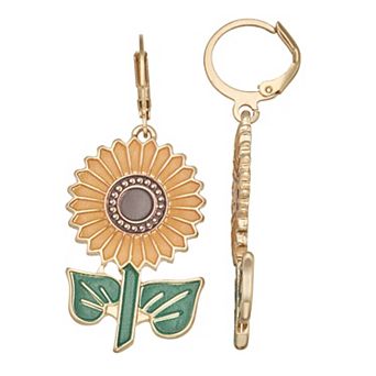 Gold Tone Sunflower Dangle Earrings