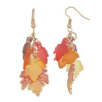 Gold Tone Fall Leaves Cluster Dangle Earrings