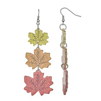 Silver Tone Triple Maple Leaf Dangle Earrings