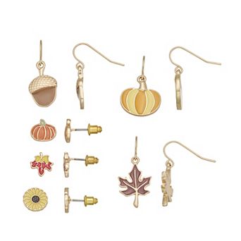 Gold Tone 6-Pair Fall Harvest Stud Dangle Earring Set