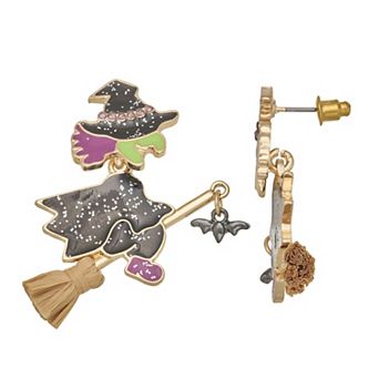 Gold Tone Flying Witch Earrings