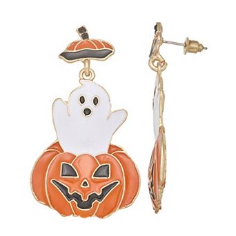 Gold Tone Pumpkin Ghost Drop Earrings