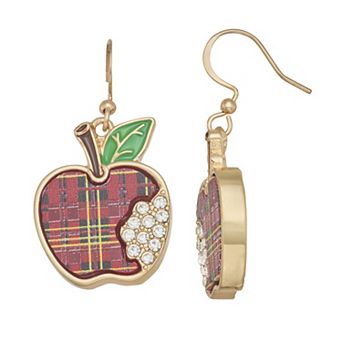 Gold Tone Plaid Apple Drop Earrings