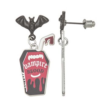 Silver Tone Vampire Blood Bat Drop Earrings
