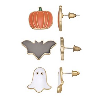 Gold Tone 3-Pair Pumpkin Ghost Bat Stud Earring Set
