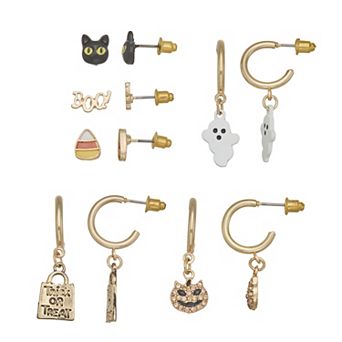 Gold Tone 6-Pair Halloween Stud Hoop Earring Set