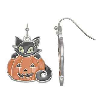 Silver Tone Cat Pumpkin Dangle Earrings