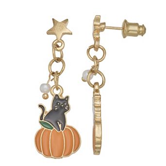 Gold Tone Cat & Pumpkin Mismatch Earrings