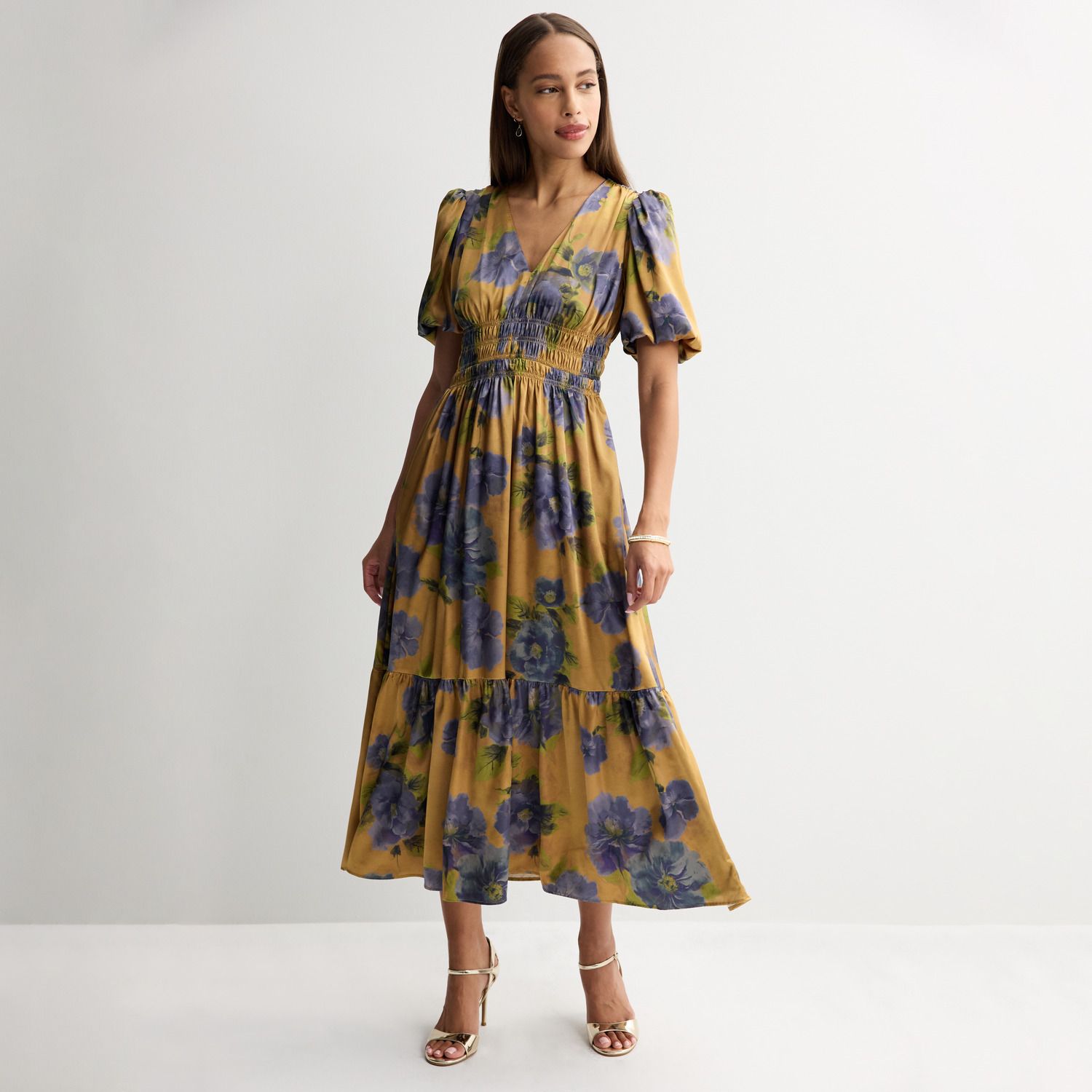 Женское платье Taylor Puff Sleeve Satin Floral Maxi — фото 1