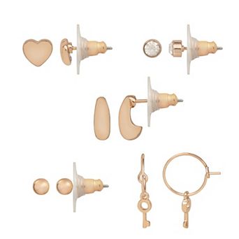 LC Lauren Conrad Rose Gold Tone Heart & Key 5-Pair Earring Set