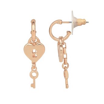 LC Lauren Conrad Rose Gold Tone Heart Lock & Key Drop Earrings