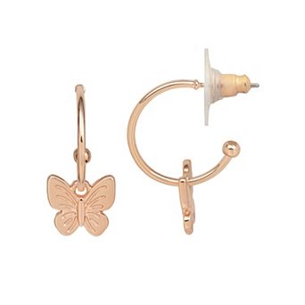 LC Lauren Conrad Rose Gold Tone Butterfly Charm Hoop Earrings
