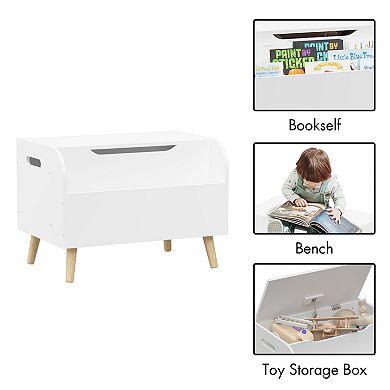 Kids' Toy Storage Box, with Front Bookshelf, Flip Cover, Safety Hinges, Bench, White