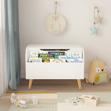 Kids' Toy Storage Box, with Front Bookshelf, Flip Cover, Safety Hinges, Bench, White