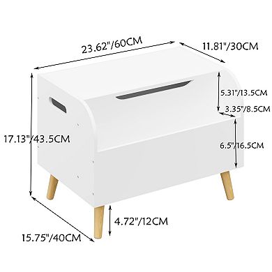Kids' Toy Storage Box, with Front Bookshelf, Flip Cover, Safety Hinges, Bench, White