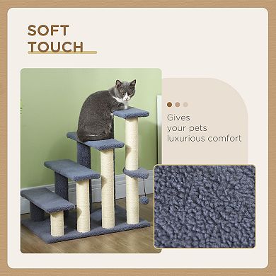 4-Tier Cat Stairs, Kitten Climbing Frame with Scratching Post, Hanging Play Ball & Side Pedals, Grey