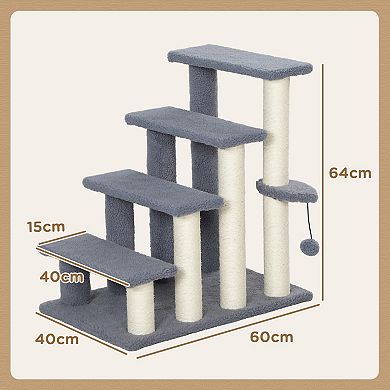 4-Tier Cat Stairs, Kitten Climbing Frame with Scratching Post, Hanging Play Ball & Side Pedals, Grey