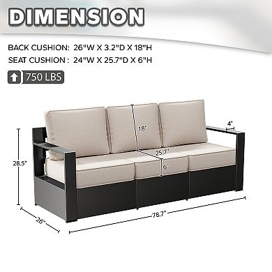Joyside 6‑Inch Cushions Patio Furniture, Aluminum Frame 3‑Seater Sofa