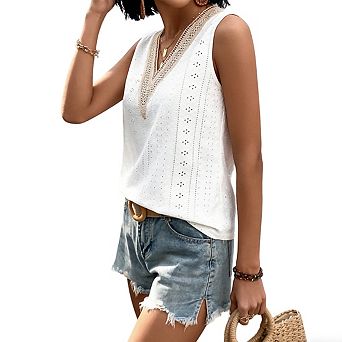 Women's Sleeveless V Neck Tank Top Crochet Trim Embroidery Lightweight Casual Blouse