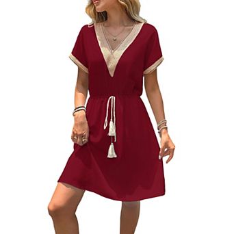 Women's Lace Trimmed Tie Front Dresses Casual Summer Short Sleeve V Neck Flowy Mini Dress