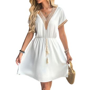 Women's Lace Trimmed Tie Front Dresses Casual Summer Short Sleeve V Neck Flowy Mini Dress