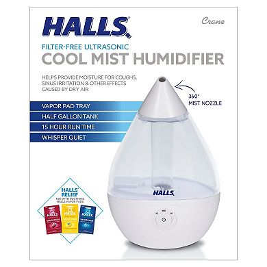 Crane x HALLS® Droplet Cool Mist Humidifier, 0.5 GAL, Clear/White