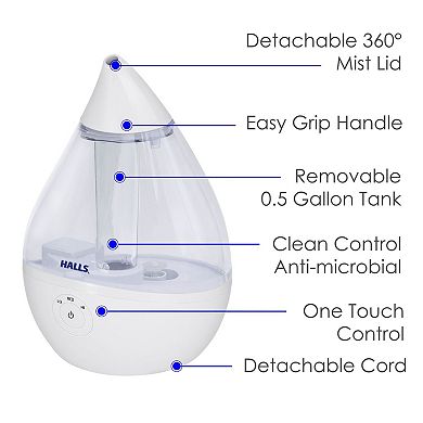 Crane x HALLS® Droplet Cool Mist Humidifier, 0.5 GAL, Clear/White