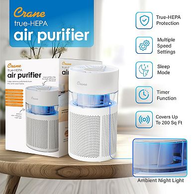 Crane True HEPA Air Purifier Up To 200 Sq. Ft. With Aroma Tray Night Light Adjustable Fan Speed and