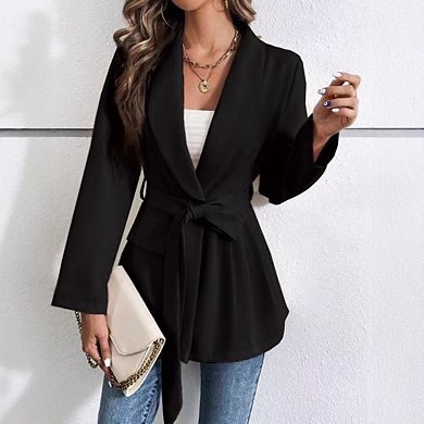 Women's Casual Belted Blazer Lapel Long Sleeve Work Office Wrap Blazer Jackets