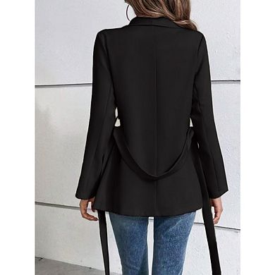 Women's Casual Belted Blazer Lapel Long Sleeve Work Office Wrap Blazer Jackets