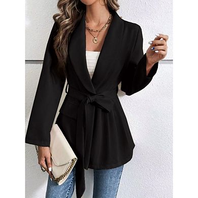 Women's Casual Belted Blazer Lapel Long Sleeve Work Office Wrap Blazer Jackets