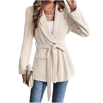 Women's Casual Belted Blazer Lapel Long Sleeve Work Office Wrap Blazer Jackets